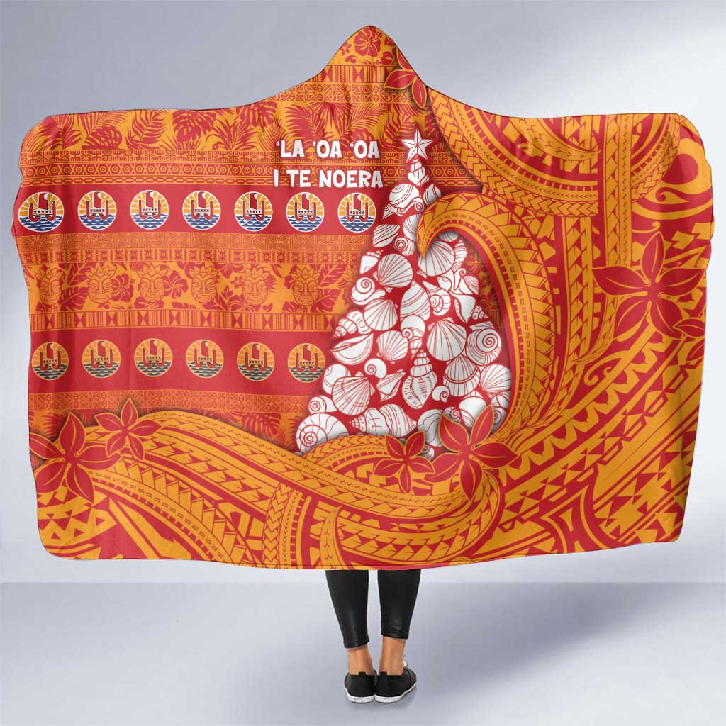 French Polynesia Christmas Hooded Blanket Seashell Xmas Tree Tribal Waves DT05 One Size Orange - Polynesian Pride