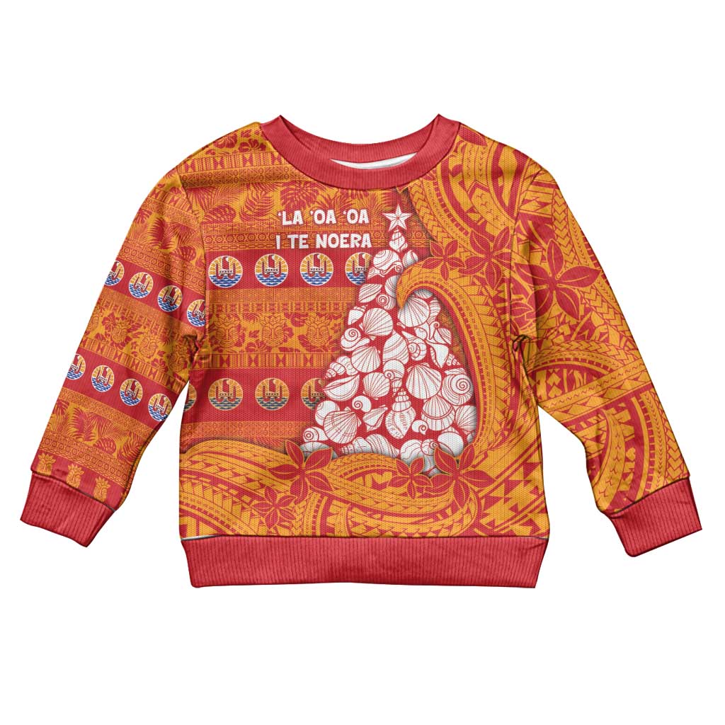 French Polynesia Christmas Kid Ugly Christmas Sweater Seashell Xmas Tree Tribal Waves DT05 Kid Orange - Polynesian Pride