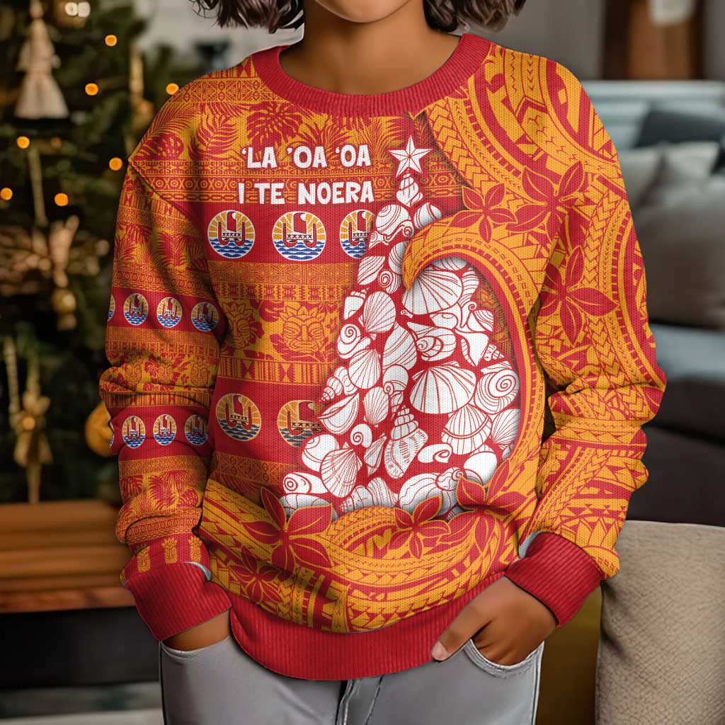 French Polynesia Christmas Kid Ugly Christmas Sweater Seashell Xmas Tree Tribal Waves DT05 - Polynesian Pride