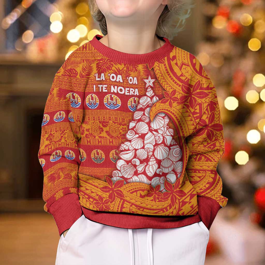French Polynesia Christmas Kid Ugly Christmas Sweater Seashell Xmas Tree Tribal Waves DT05 - Polynesian Pride