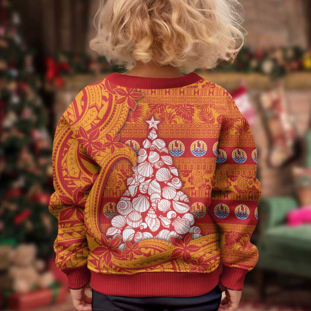 French Polynesia Christmas Kid Ugly Christmas Sweater Seashell Xmas Tree Tribal Waves DT05 - Polynesian Pride
