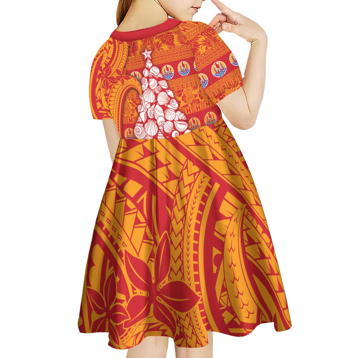 French Polynesia Christmas Kid Short Sleeve Dress Seashell Xmas Tree Tribal Waves DT05 - Polynesian Pride