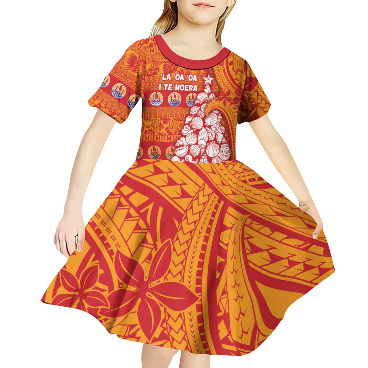 French Polynesia Christmas Kid Short Sleeve Dress Seashell Xmas Tree Tribal Waves DT05 - Polynesian Pride