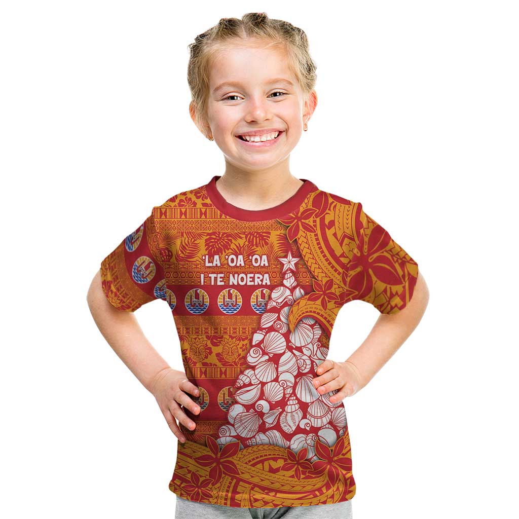 French Polynesia Christmas Kid T Shirt Seashell Xmas Tree Tribal Waves DT05 Orange - Polynesian Pride