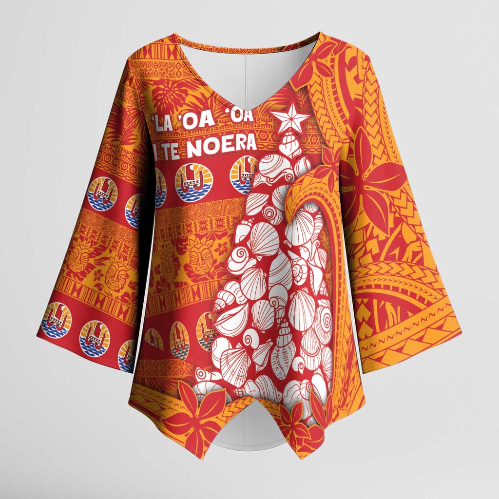 French Polynesia Christmas Kimono Sleeve Blouse Seashell Xmas Tree Tribal Waves DT05 Female Orange - Polynesian Pride