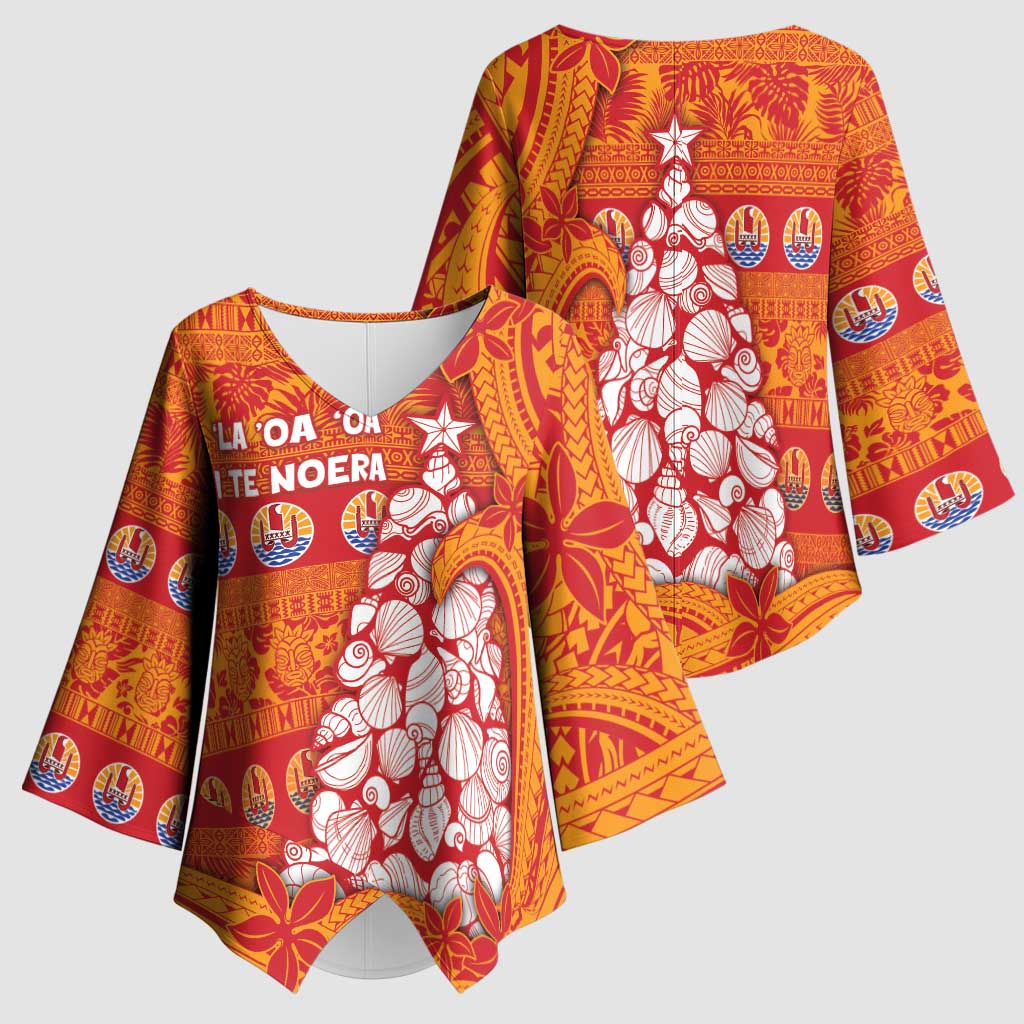 French Polynesia Christmas Kimono Sleeve Blouse Seashell Xmas Tree Tribal Waves DT05 - Polynesian Pride
