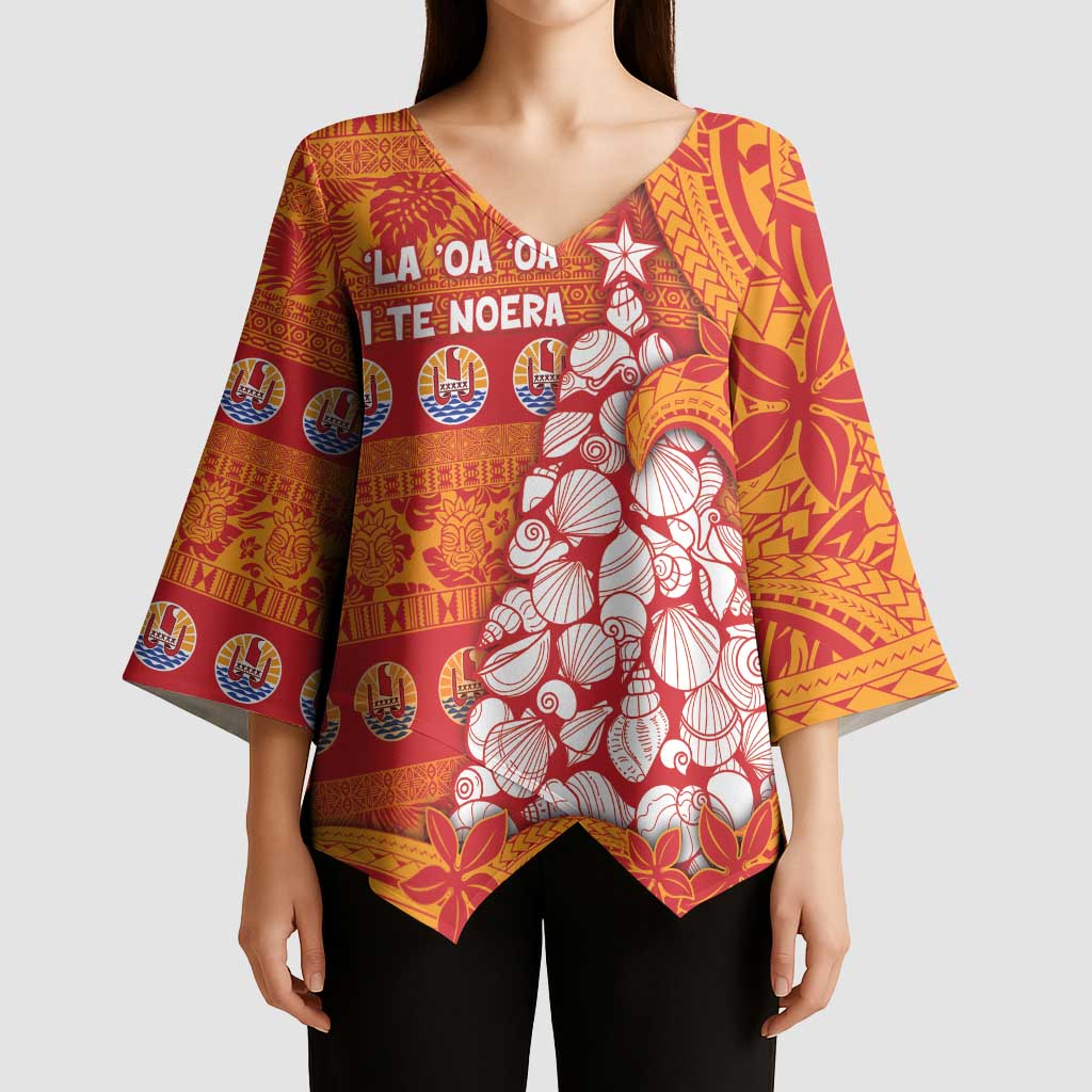 French Polynesia Christmas Kimono Sleeve Blouse Seashell Xmas Tree Tribal Waves DT05 - Polynesian Pride