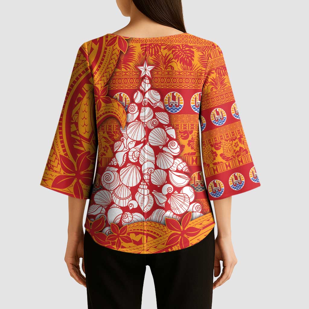 French Polynesia Christmas Kimono Sleeve Blouse Seashell Xmas Tree Tribal Waves DT05 - Polynesian Pride