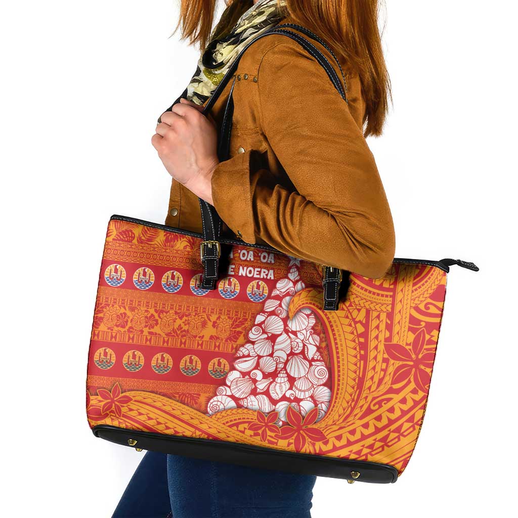 French Polynesia Christmas Leather Tote Bag Seashell Xmas Tree Tribal Waves DT05 Orange - Polynesian Pride