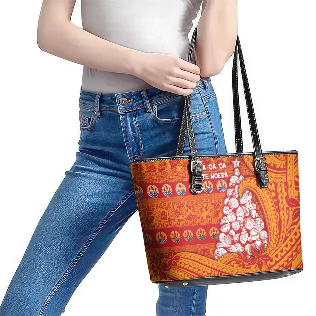 French Polynesia Christmas Leather Tote Bag Seashell Xmas Tree Tribal Waves DT05 - Polynesian Pride