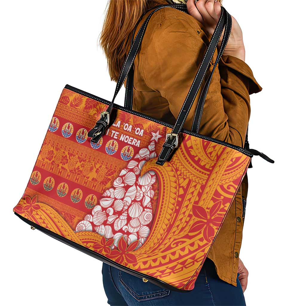 French Polynesia Christmas Leather Tote Bag Seashell Xmas Tree Tribal Waves DT05 - Polynesian Pride
