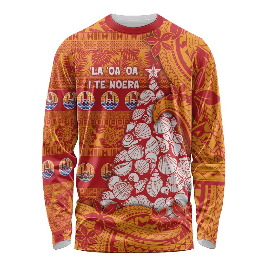 French Polynesia Christmas Long Sleeve Shirt Seashell Xmas Tree Tribal Waves DT05 Unisex Orange - Polynesian Pride