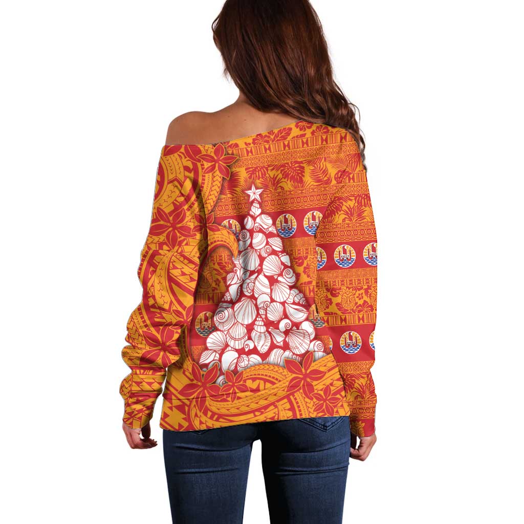 French Polynesia Christmas Off Shoulder Sweater Seashell Xmas Tree Tribal Waves - Polynesian Pride