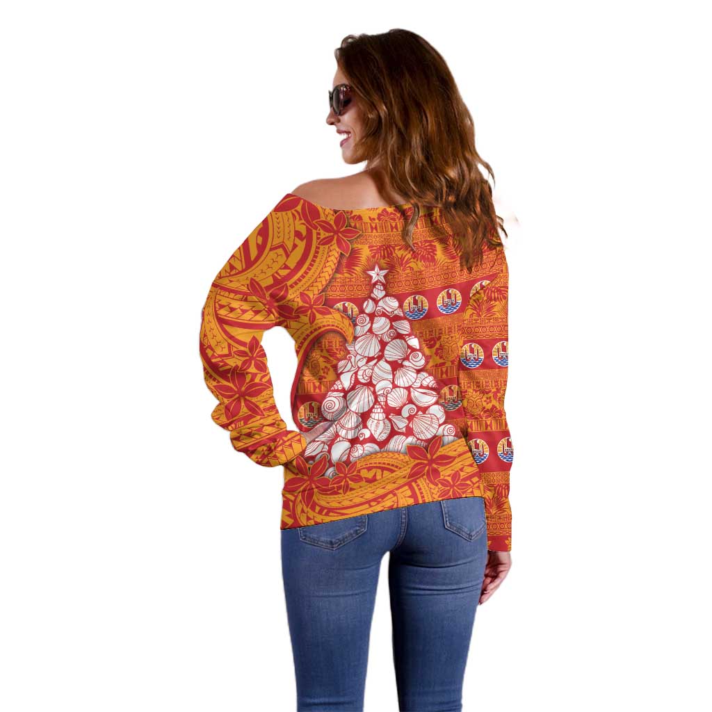 French Polynesia Christmas Off Shoulder Sweater Seashell Xmas Tree Tribal Waves - Polynesian Pride