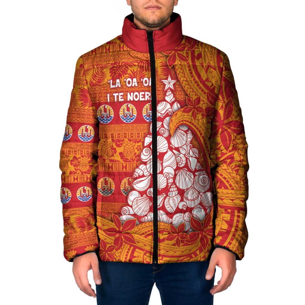 French Polynesia Christmas Padded Jacket Seashell Xmas Tree Tribal Waves DT05 Men Orange - Polynesian Pride