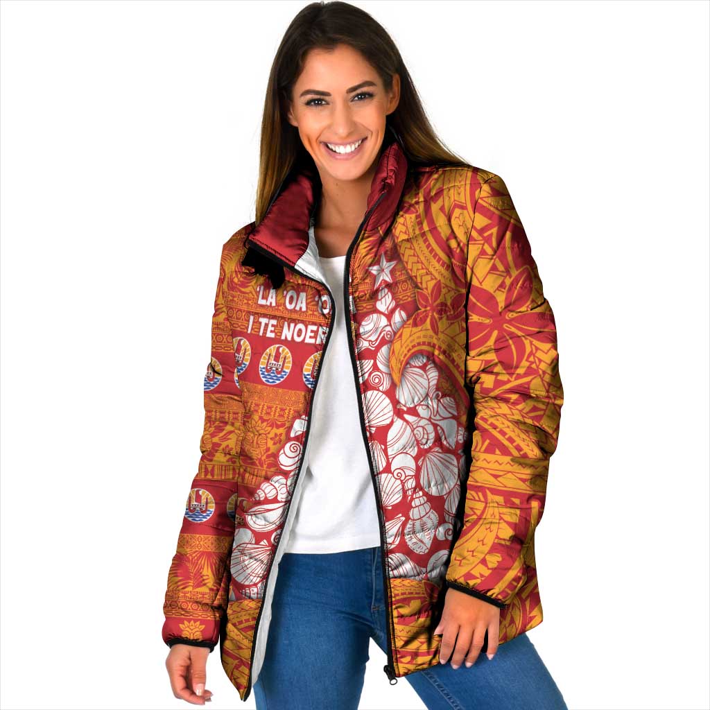 French Polynesia Christmas Padded Jacket Seashell Xmas Tree Tribal Waves DT05 Women Orange - Polynesian Pride
