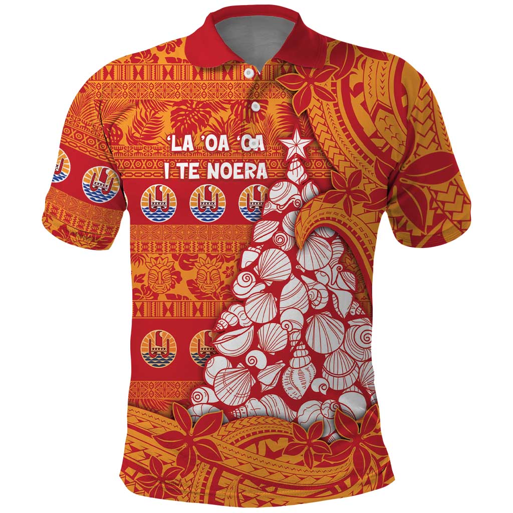 French Polynesia Christmas Polo Shirt Seashell Xmas Tree Tribal Waves DT05 Orange - Polynesian Pride