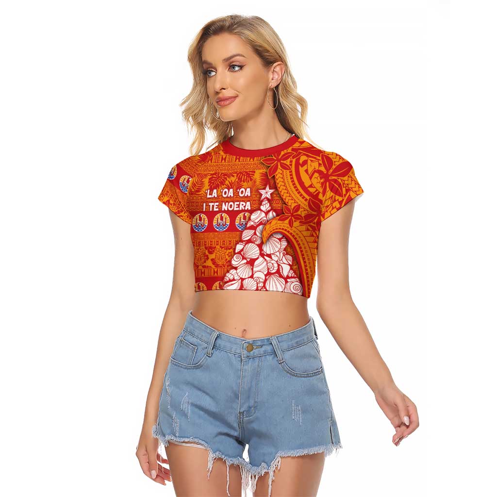French Polynesia Christmas Raglan Cropped T Shirt Seashell Xmas Tree Tribal Waves DT05 Female Orange - Polynesian Pride