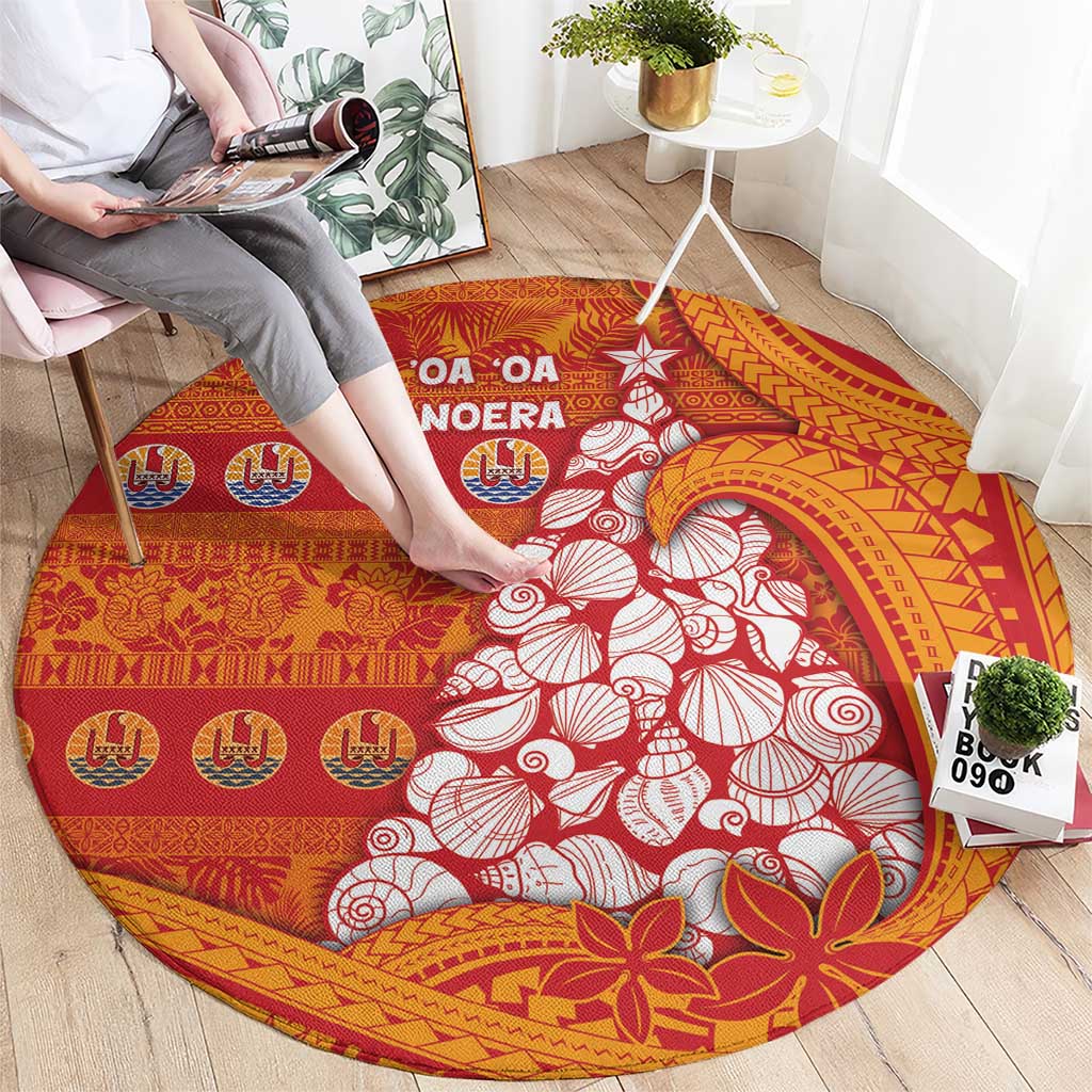 French Polynesia Christmas Round Carpet Seashell Xmas Tree Tribal Waves - Polynesian Pride
