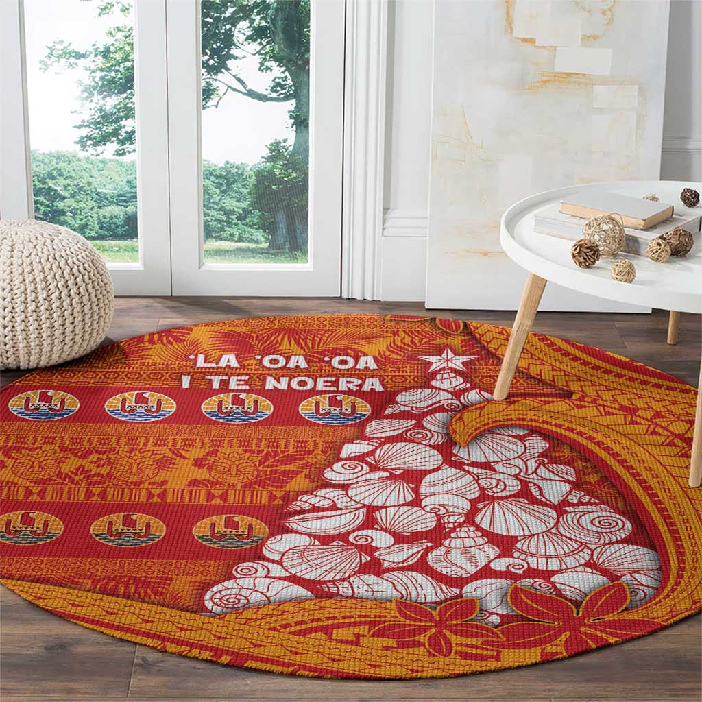 French Polynesia Christmas Round Carpet Seashell Xmas Tree Tribal Waves - Polynesian Pride