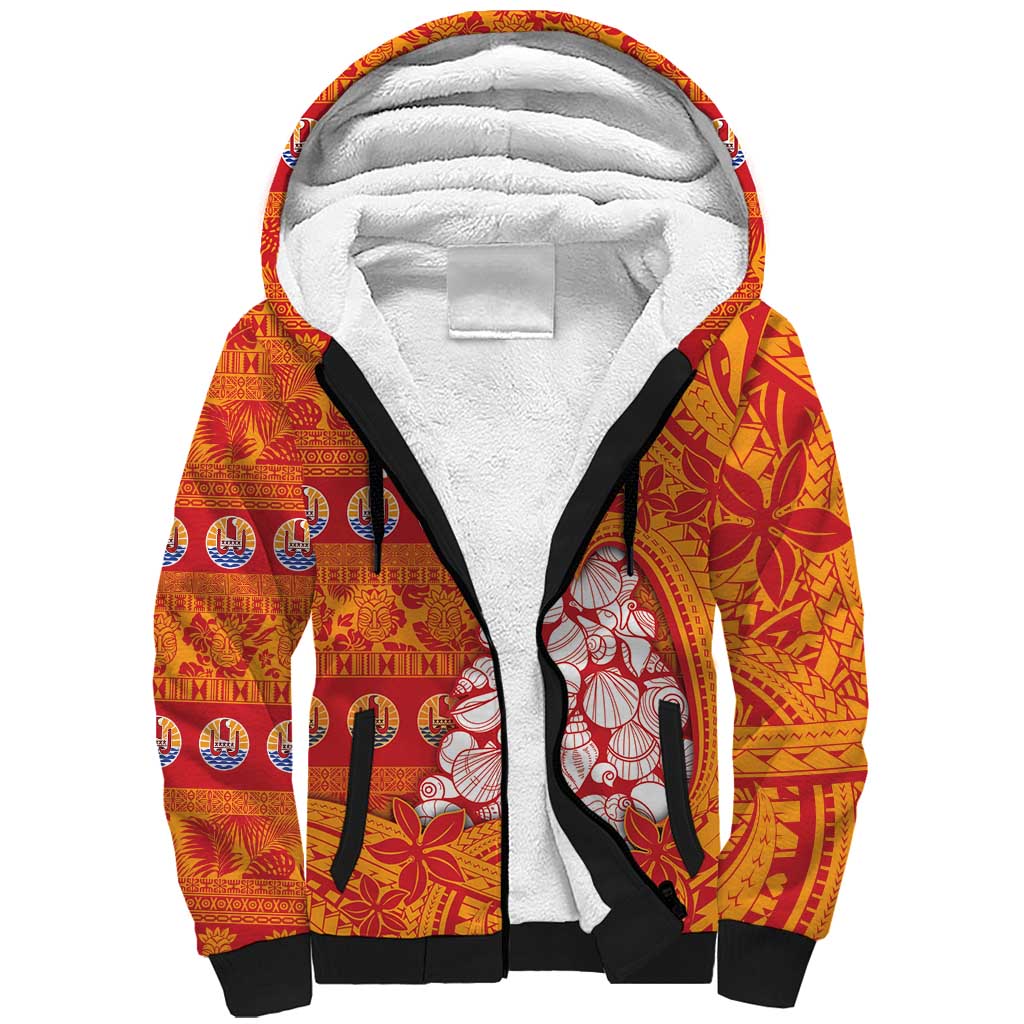 French Polynesia Christmas Sherpa Hoodie Seashell Xmas Tree Tribal Waves - Polynesian Pride