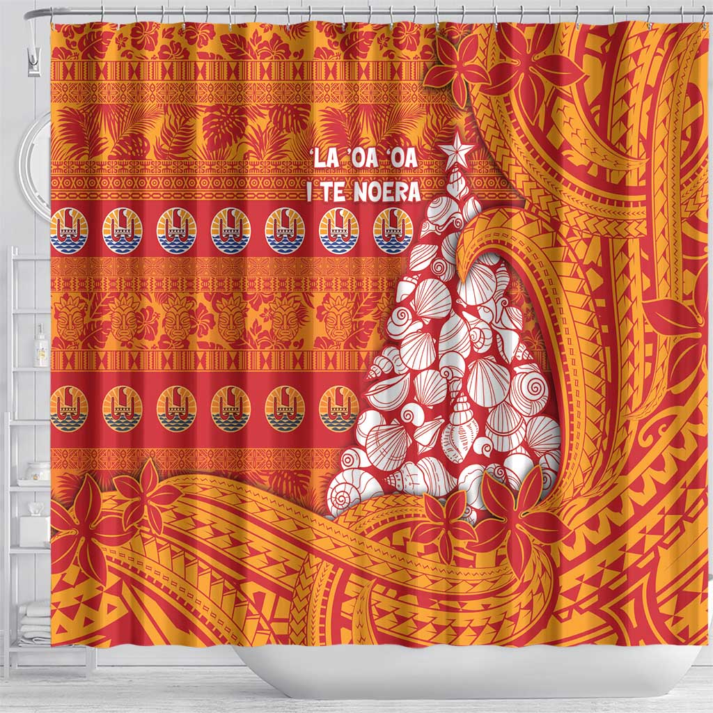 French Polynesia Christmas Shower Curtain Seashell Xmas Tree Tribal Waves - Polynesian Pride