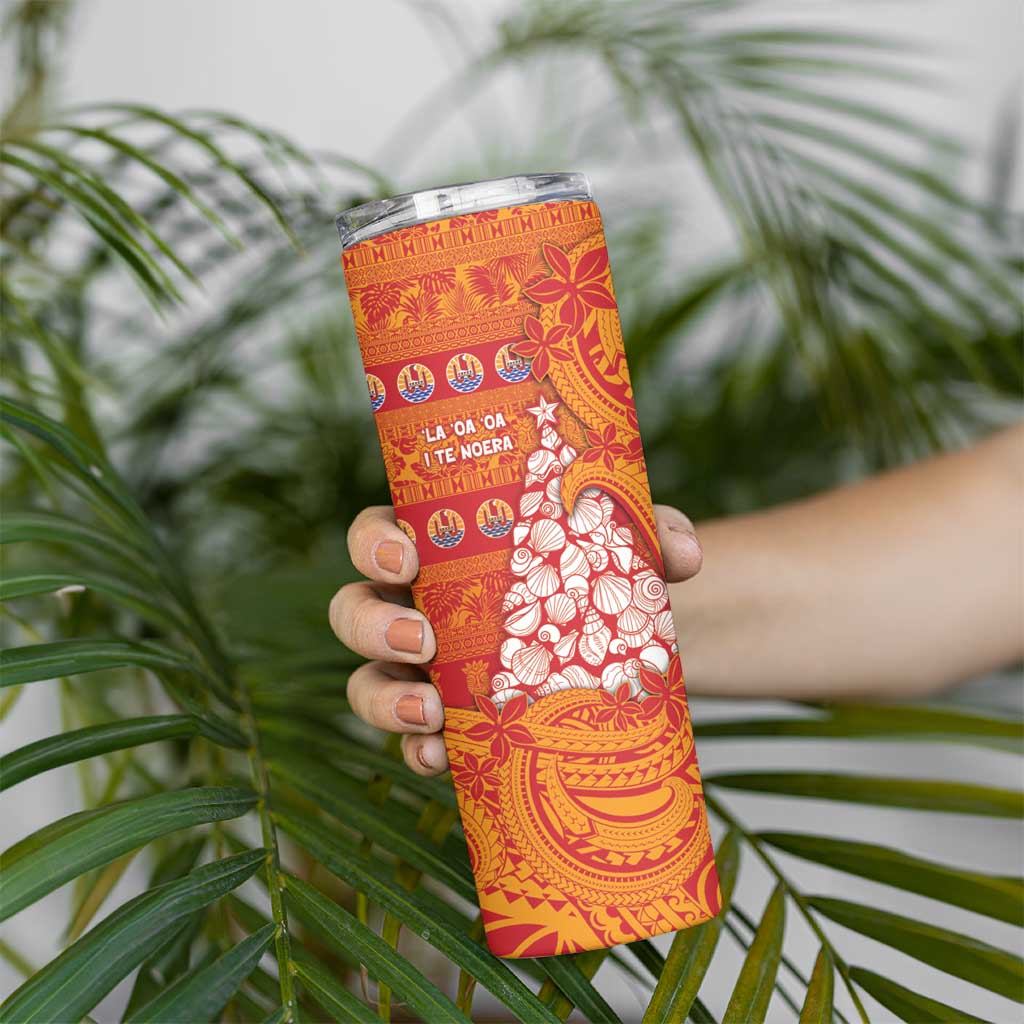 French Polynesia Christmas Skinny Tumbler Seashell Xmas Tree Tribal Waves - Polynesian Pride