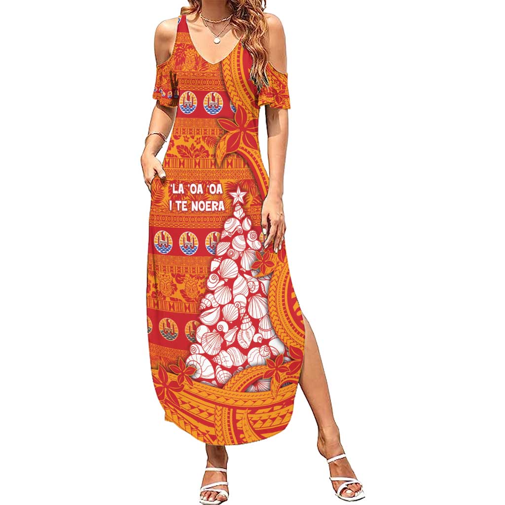 French Polynesia Christmas Summer Maxi Dress Seashell Xmas Tree Tribal Waves - Polynesian Pride