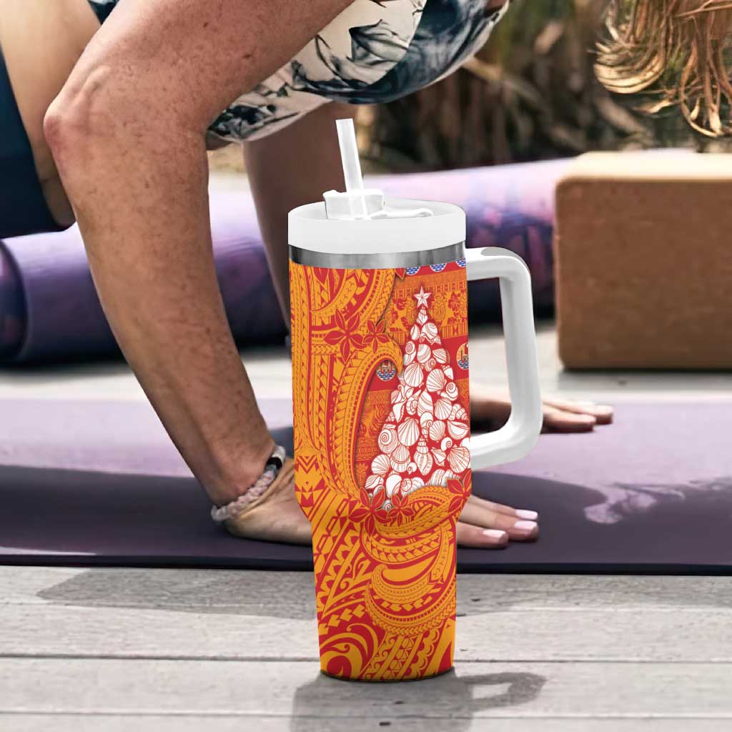 French Polynesia Christmas Tumbler With Handle Seashell Xmas Tree Tribal Waves - Polynesian Pride