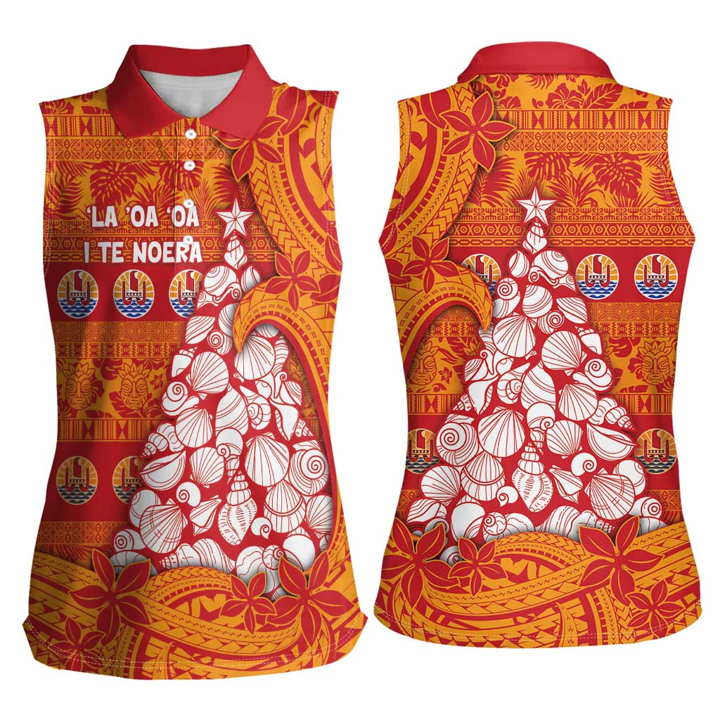 French Polynesia Christmas Women Sleeveless Polo Shirt Seashell Xmas Tree Tribal Waves DT05 - Polynesian Pride