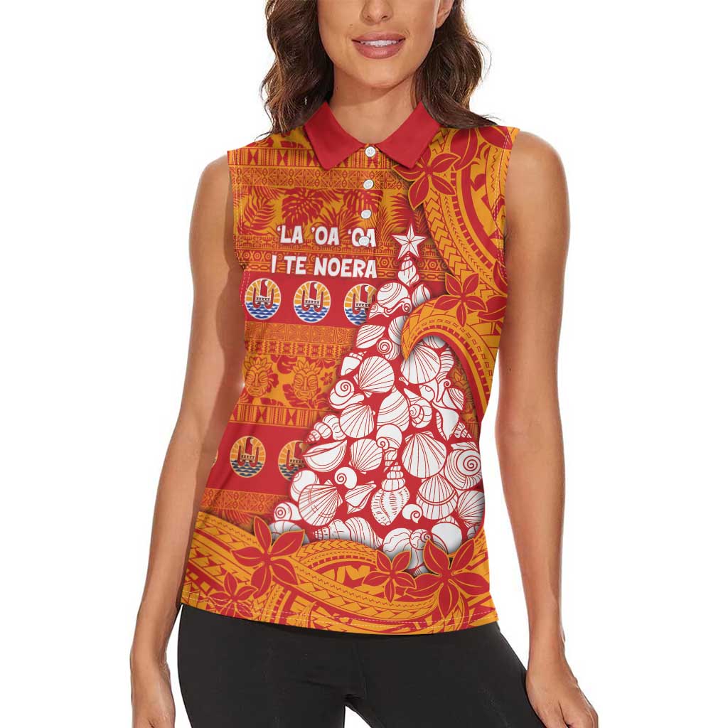 French Polynesia Christmas Women Sleeveless Polo Shirt Seashell Xmas Tree Tribal Waves DT05 - Polynesian Pride