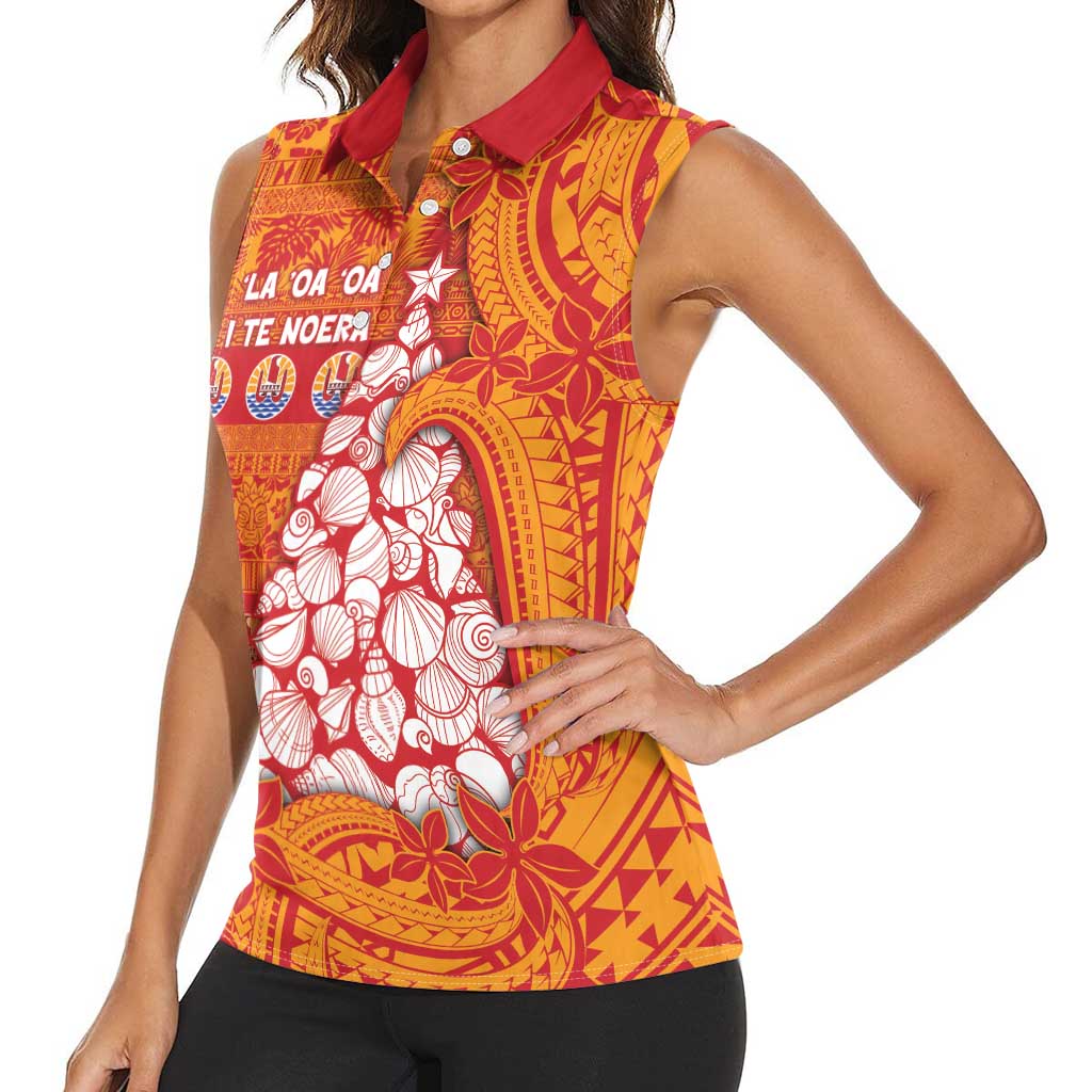 French Polynesia Christmas Women Sleeveless Polo Shirt Seashell Xmas Tree Tribal Waves DT05 - Polynesian Pride