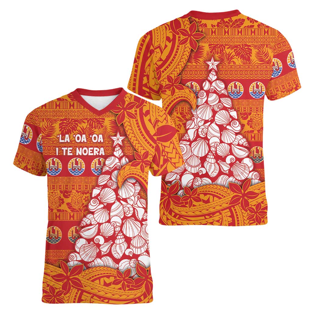 French Polynesia Christmas Women V-Neck T-Shirt Seashell Xmas Tree Tribal Waves DT05 - Polynesian Pride