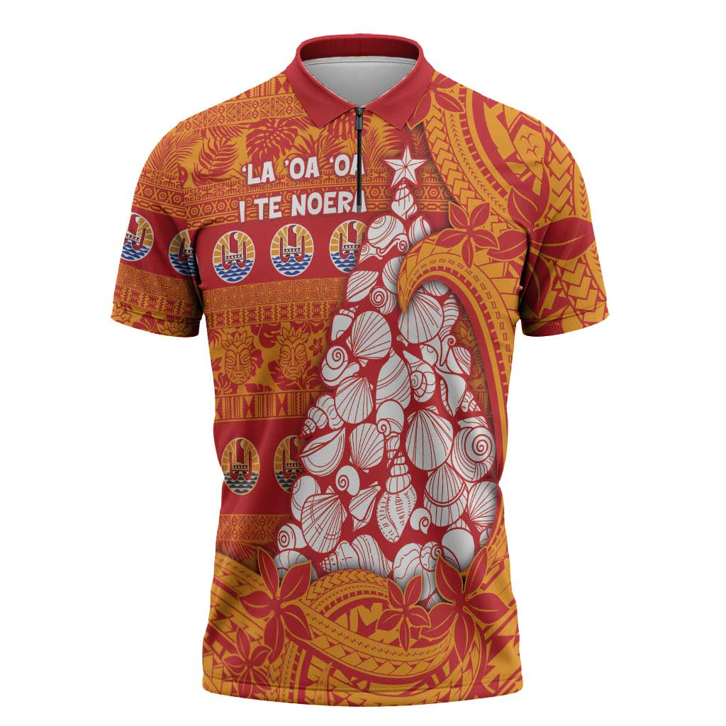 French Polynesia Christmas Zipper Polo Shirt Seashell Xmas Tree Tribal Waves DT05 Orange - Polynesian Pride