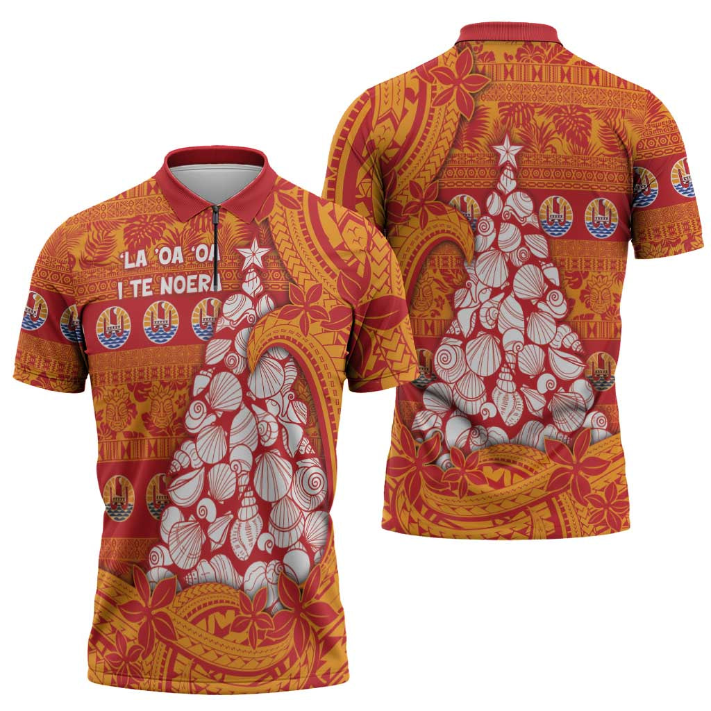 French Polynesia Christmas Zipper Polo Shirt Seashell Xmas Tree Tribal Waves DT05 - Polynesian Pride