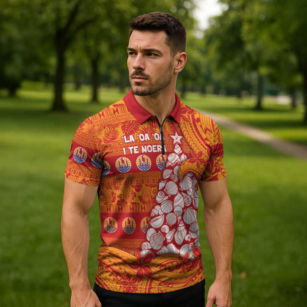 French Polynesia Christmas Zipper Polo Shirt Seashell Xmas Tree Tribal Waves DT05 - Polynesian Pride