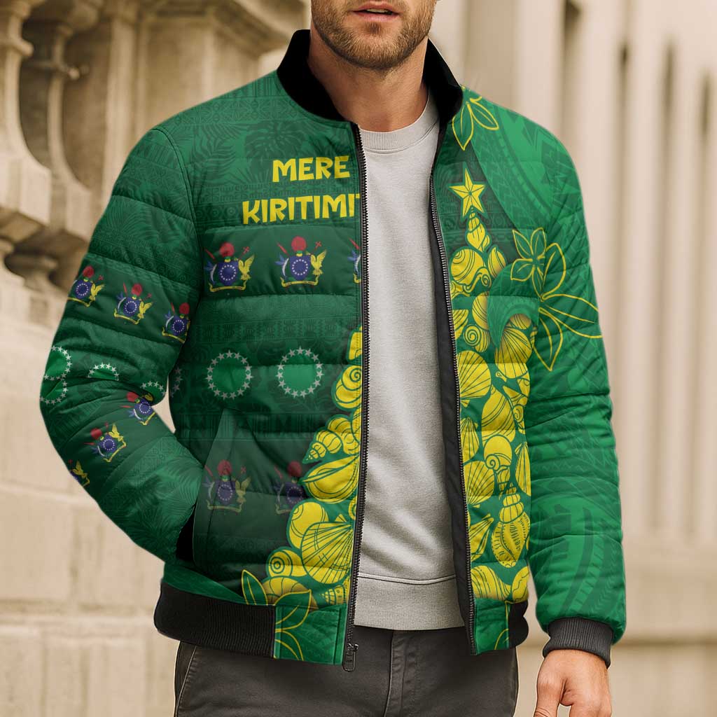 Cook Islands Christmas Bomber Puffer Jacket Seashell Xmas Tree Tribal Waves - Polynesian Pride