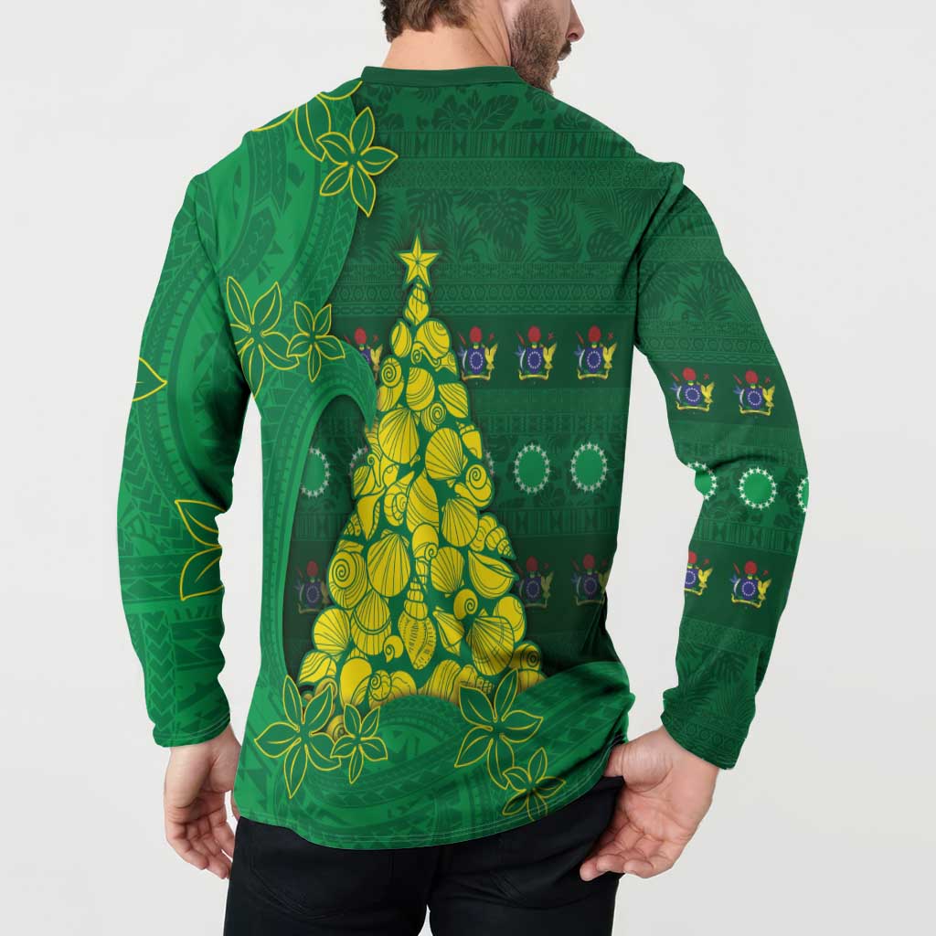 Cook Islands Christmas Button Sweatshirt Seashell Xmas Tree Tribal Waves - Polynesian Pride