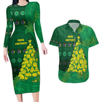 Cook Islands Christmas Couples Matching Long Sleeve Bodycon Dress and Hawaiian Shirt Seashell Xmas Tree Tribal Waves - Polynesian Pride