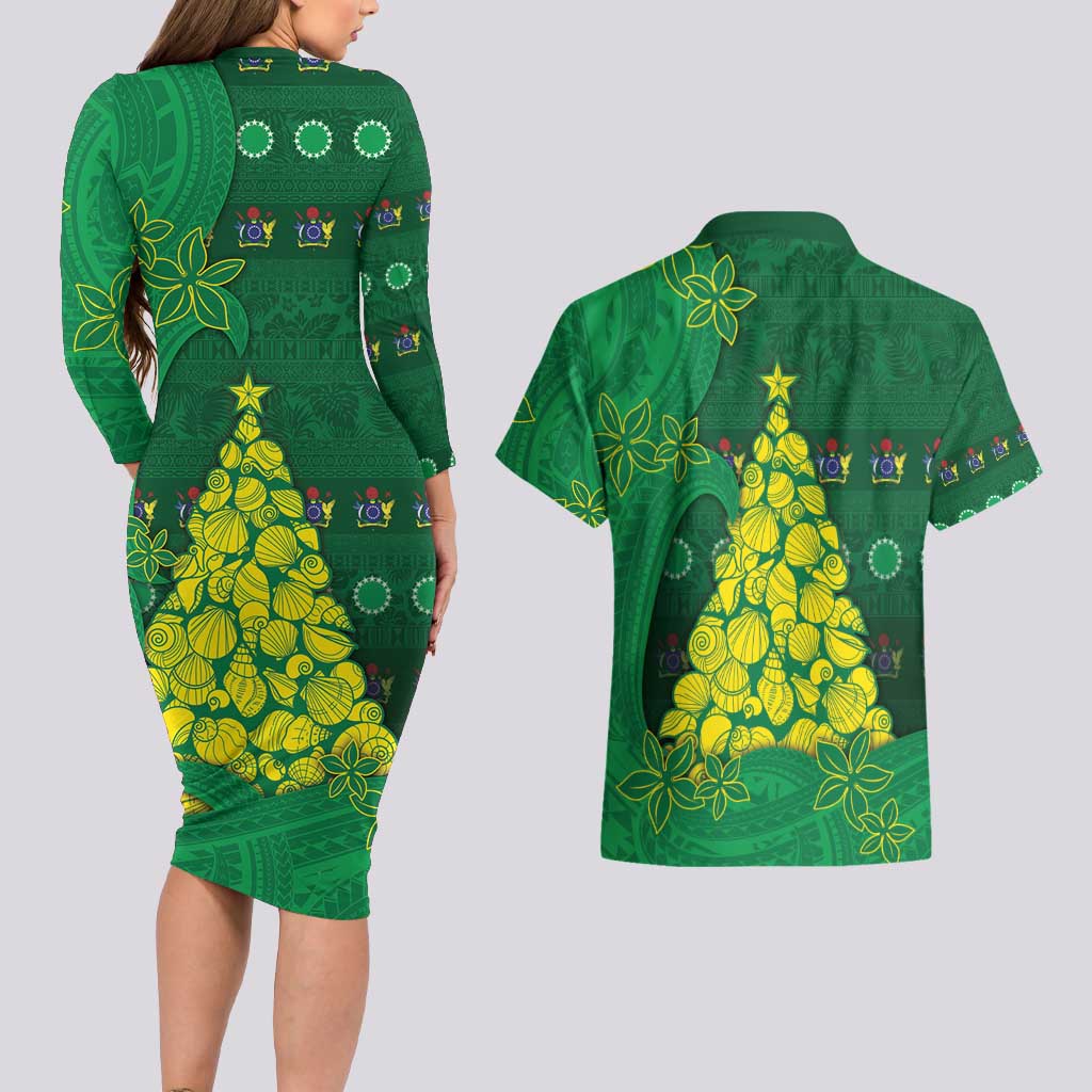 Cook Islands Christmas Couples Matching Long Sleeve Bodycon Dress and Hawaiian Shirt Seashell Xmas Tree Tribal Waves - Polynesian Pride