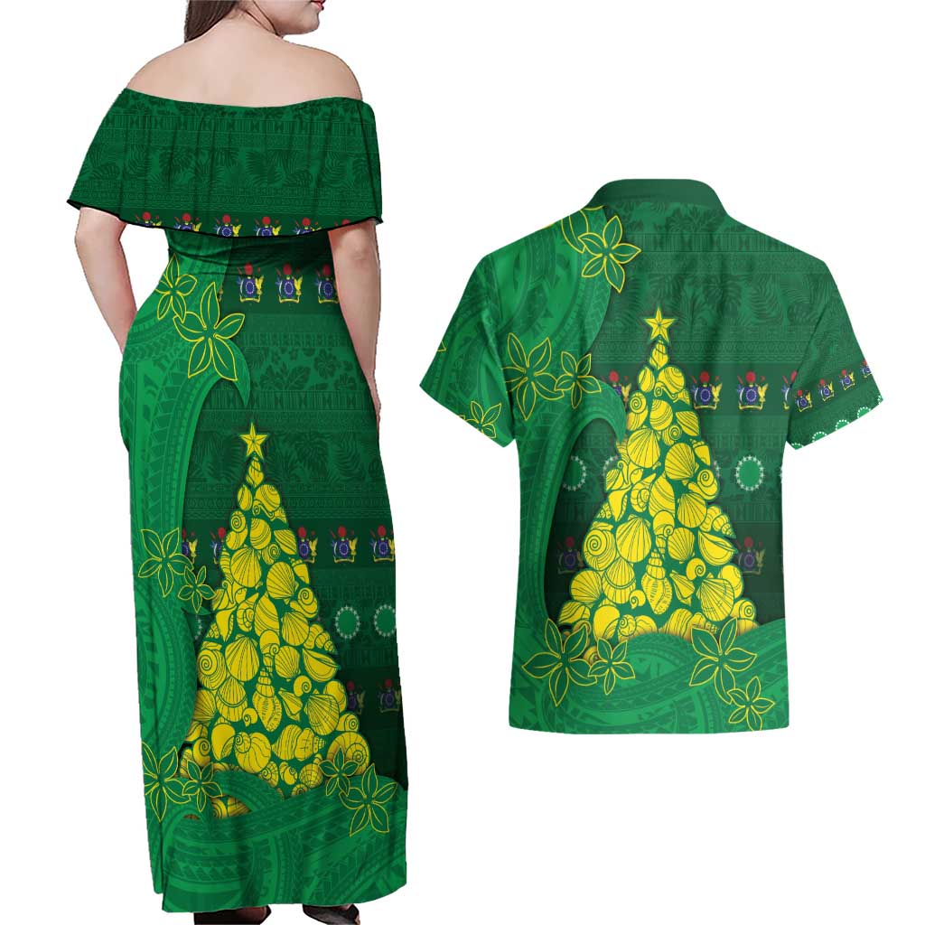 Cook Islands Christmas Couples Matching Off Shoulder Maxi Dress and Hawaiian Shirt Seashell Xmas Tree Tribal Waves - Polynesian Pride