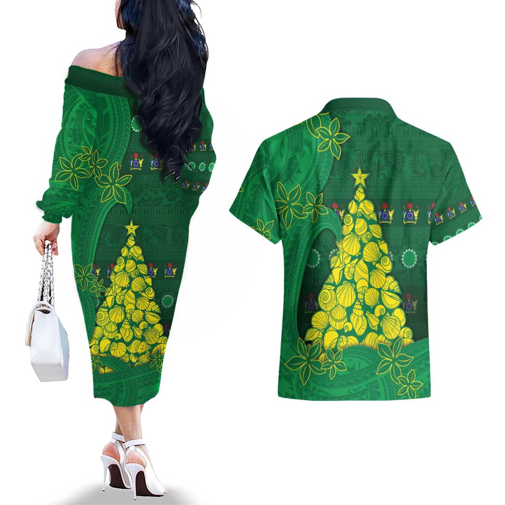 Cook Islands Christmas Couples Matching Off The Shoulder Long Sleeve Dress and Hawaiian Shirt Seashell Xmas Tree Tribal Waves - Polynesian Pride