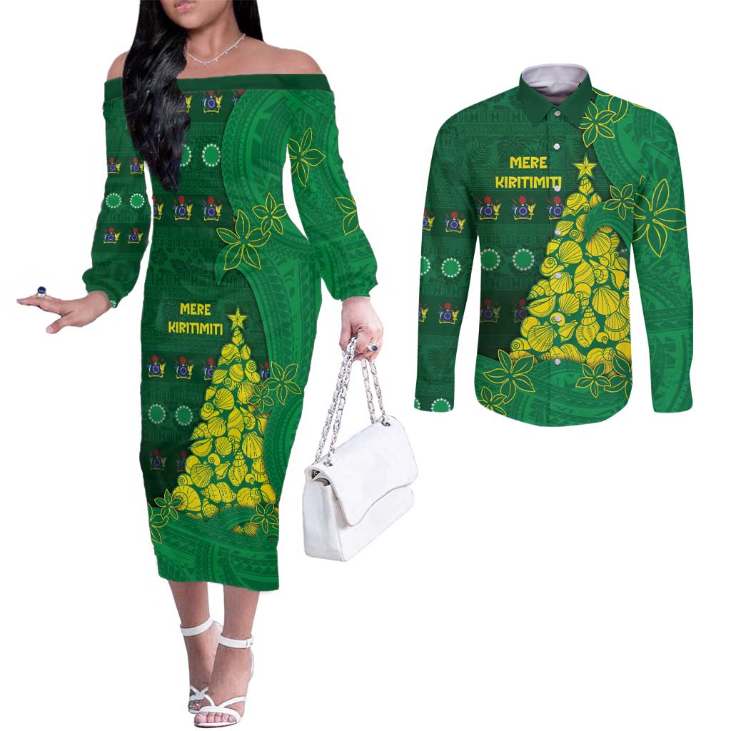 Cook Islands Christmas Couples Matching Off The Shoulder Long Sleeve Dress and Long Sleeve Button Shirt Seashell Xmas Tree Tribal Waves - Polynesian Pride