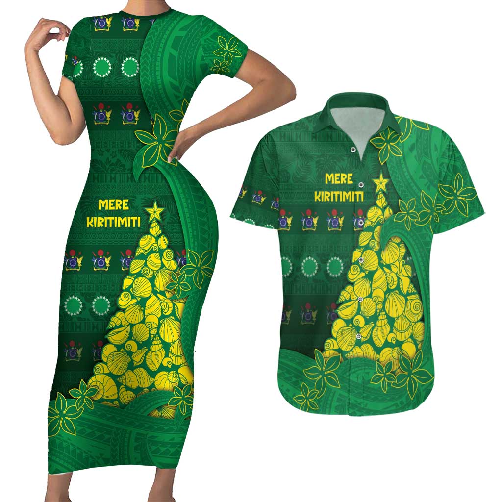 Cook Islands Christmas Couples Matching Short Sleeve Bodycon Dress and Hawaiian Shirt Seashell Xmas Tree Tribal Waves - Polynesian Pride