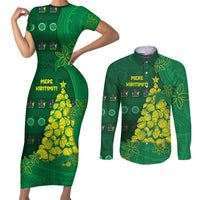 Cook Islands Christmas Couples Matching Short Sleeve Bodycon Dress and Long Sleeve Button Shirt Seashell Xmas Tree Tribal Waves - Polynesian Pride