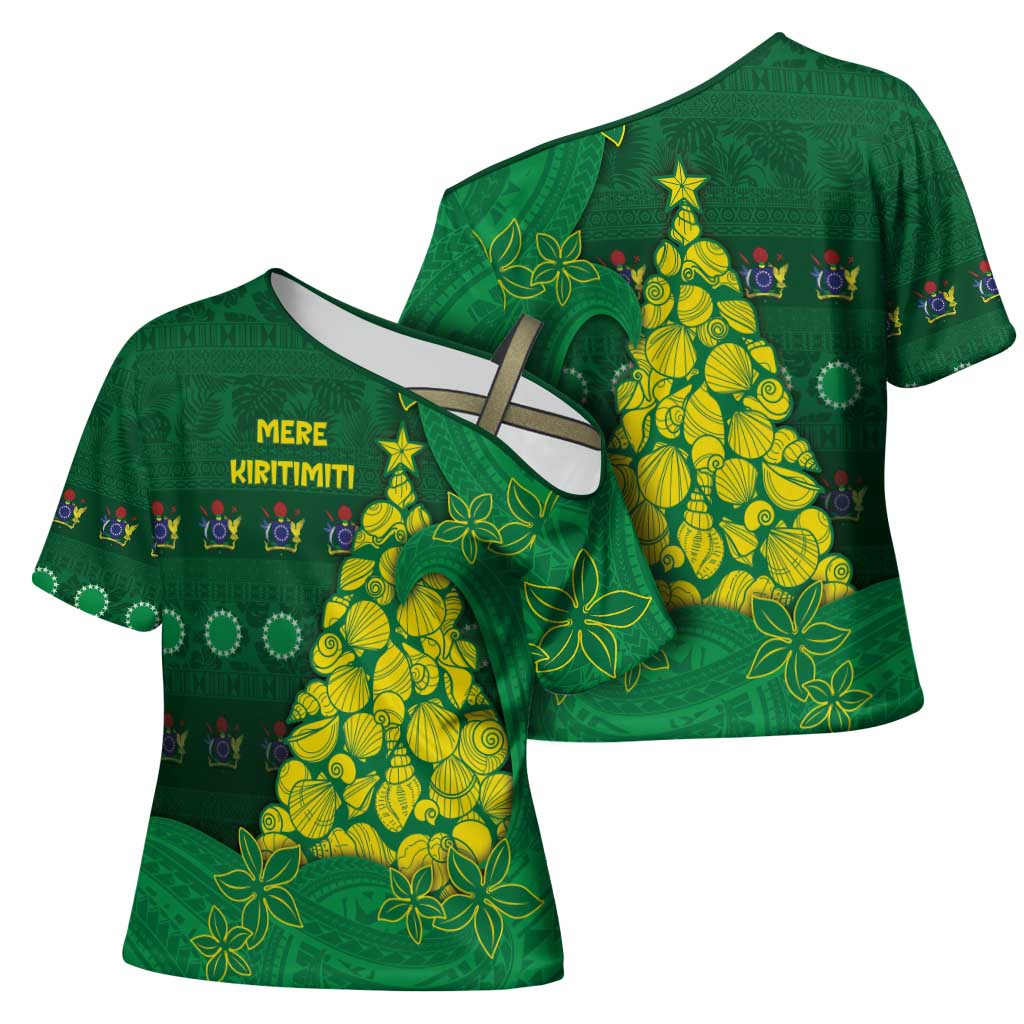 Cook Islands Christmas Cross Shoulder Shirt Seashell Xmas Tree Tribal Waves - Polynesian Pride