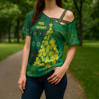 Cook Islands Christmas Cross Shoulder Shirt Seashell Xmas Tree Tribal Waves - Polynesian Pride