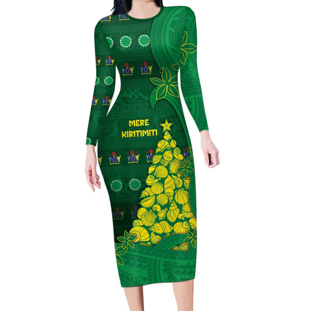 Cook Islands Christmas Long Sleeve Bodycon Dress Seashell Xmas Tree Tribal Waves - Polynesian Pride