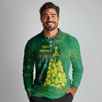 Cook Islands Christmas Long Sleeve Polo Shirt Seashell Xmas Tree Tribal Waves - Polynesian Pride