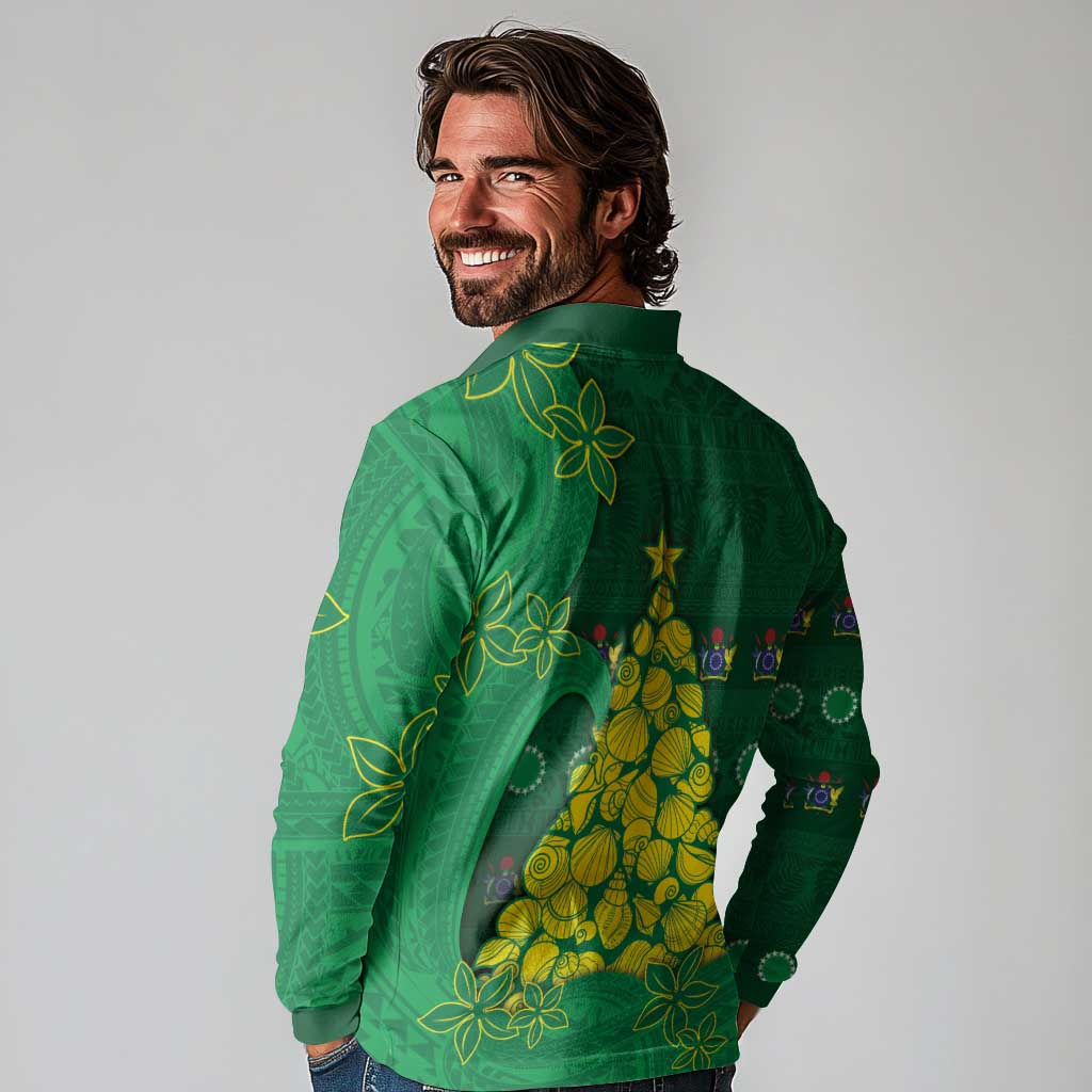 Cook Islands Christmas Long Sleeve Polo Shirt Seashell Xmas Tree Tribal Waves - Polynesian Pride